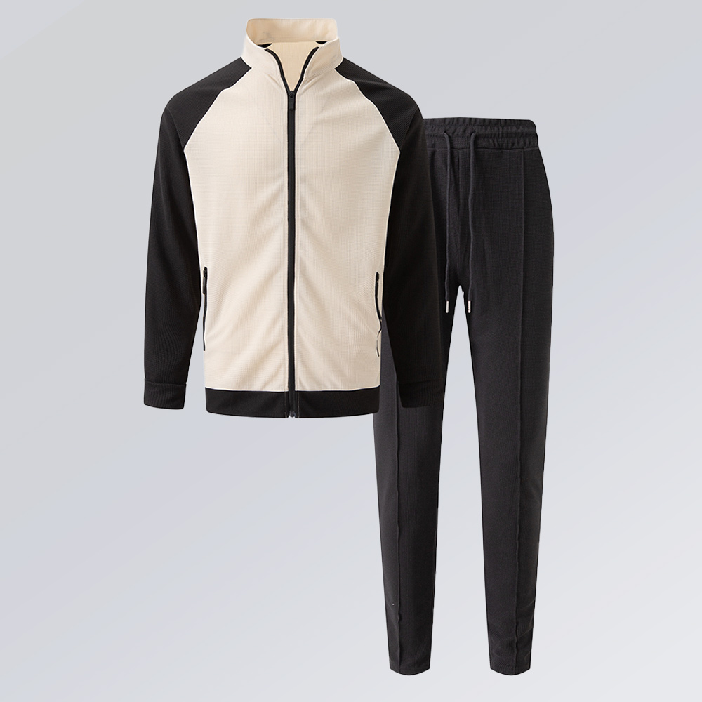 Kontrastierender Herren-Sportanzug mit hohem Kragen und Raglanärmeln, Jacke + Hose