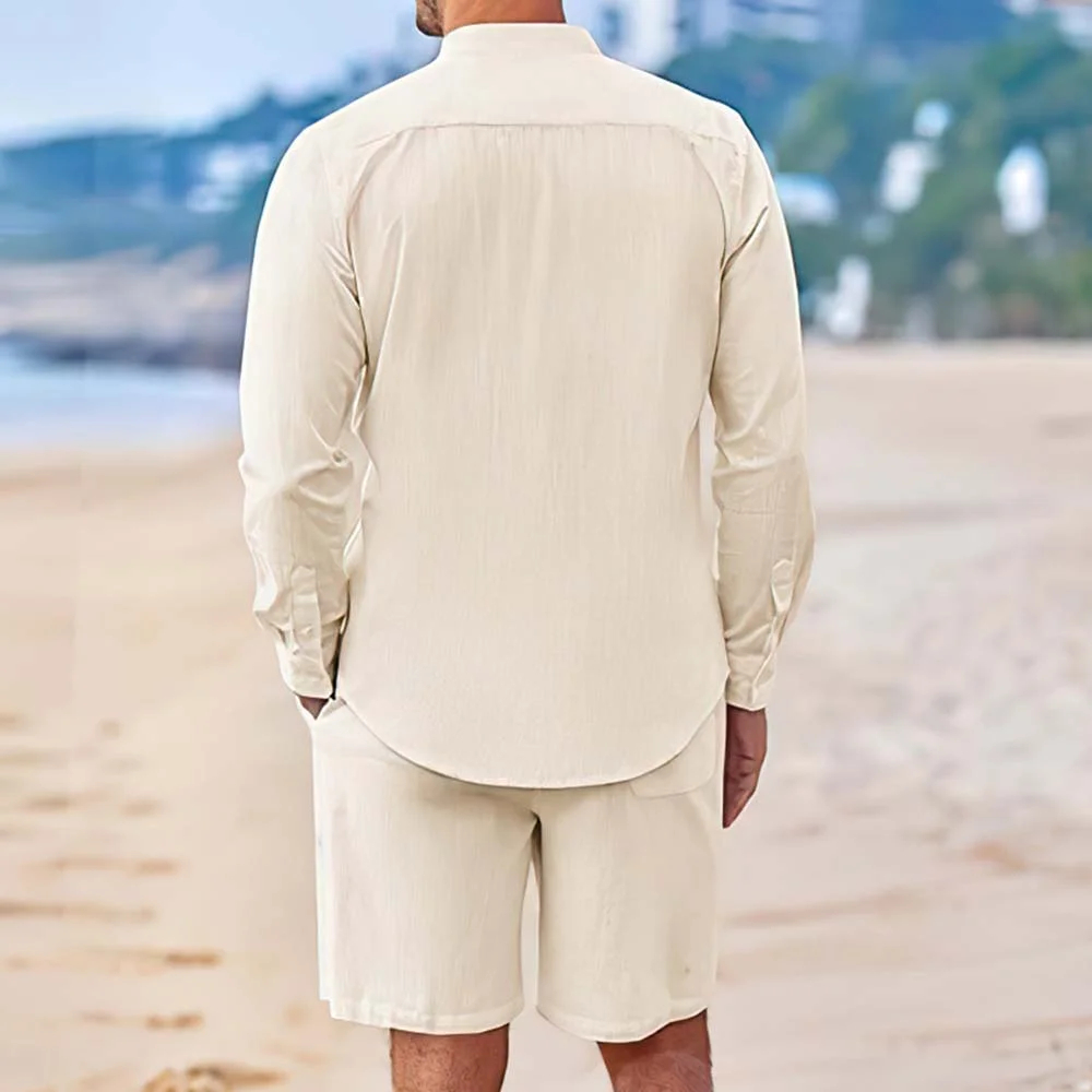 Ensemble deux pièces chemises et shorts en coton et lin pour hommes