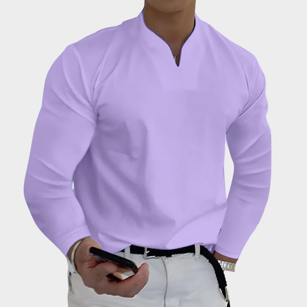 Lässiges, atmungsaktives, einfarbiges Langarm-T-Shirt mit V-Ausschnitt für Herren
