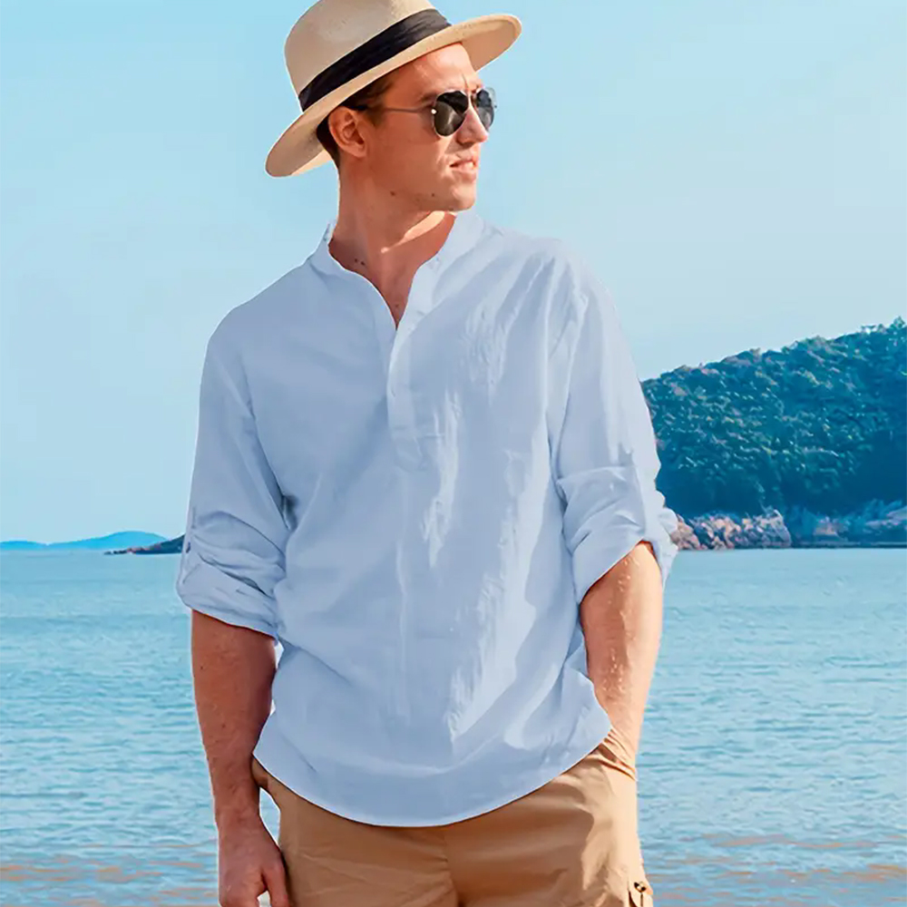 Einfarbiges Herrenhemd aus Baumwolle und Leinen mit langen Ärmeln und lockerem Stehkragen