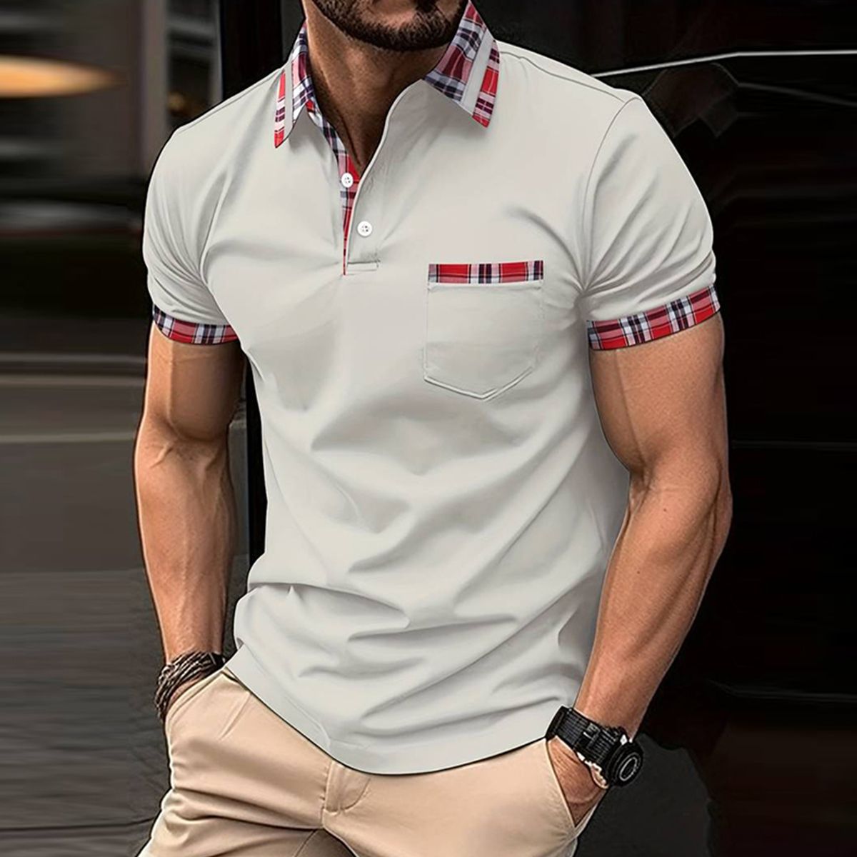 Metallwolke Kurzärmliges Poloshirt für Herren mit Karomuster und Farbblockmuster