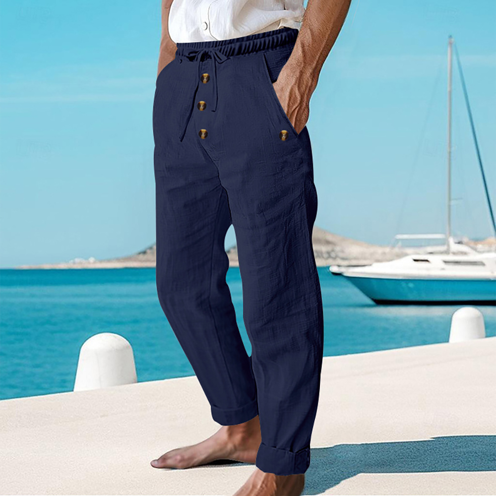 Pantalon décontracté ample à boutons en coton et lin pour homme