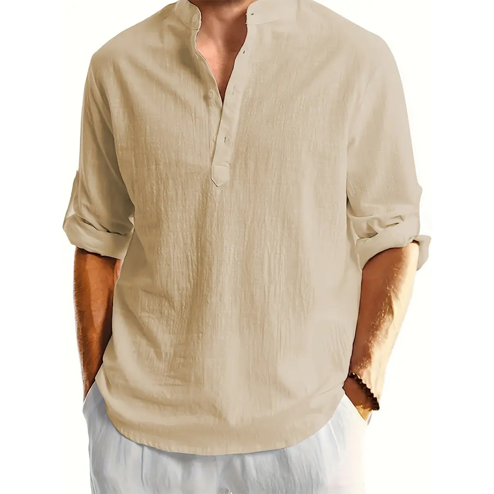 Einfarbiges Herrenhemd aus Baumwolle und Leinen mit langen Ärmeln und lockerem Stehkragen