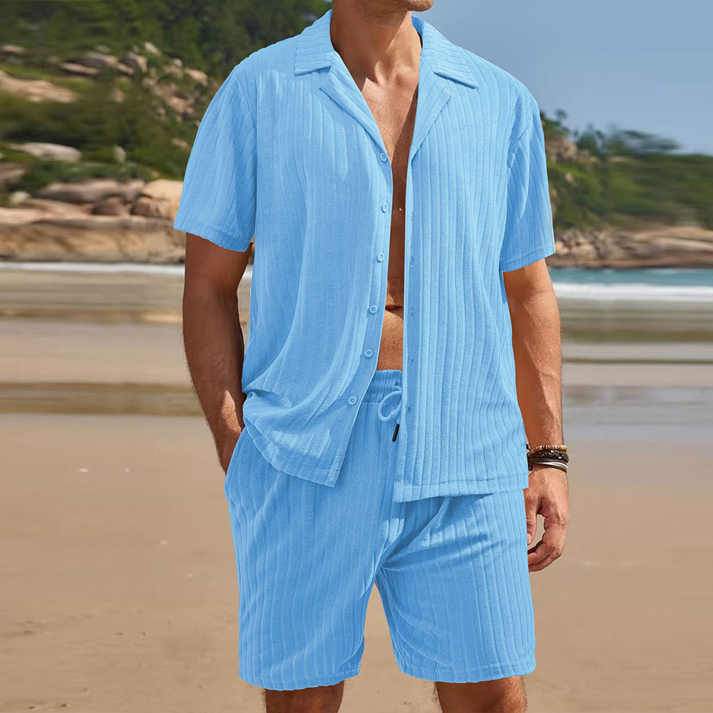 Herren-Jacquardhemd mit vertikalen Streifen und kurzen Ärmeln und Revers