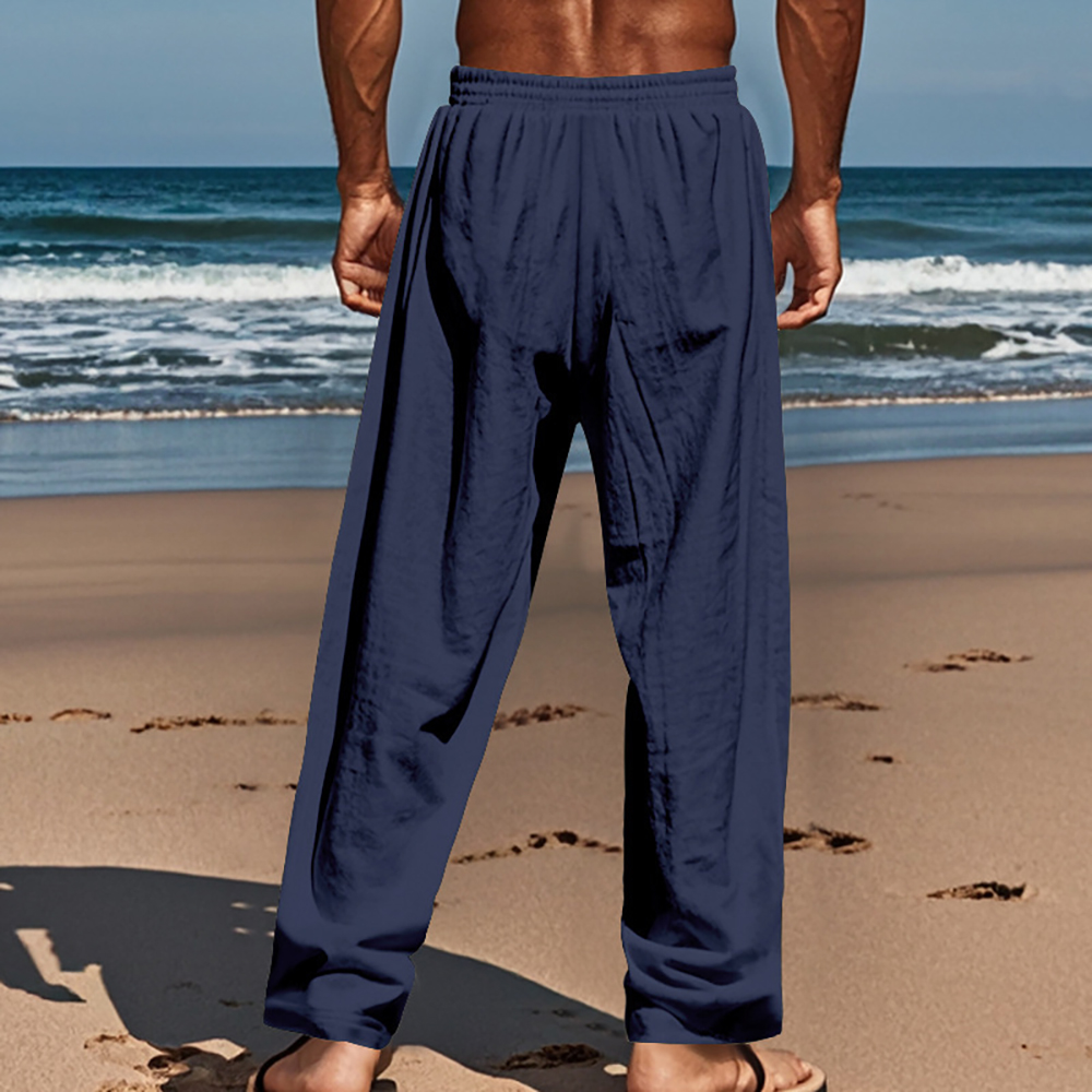 Pantalon décontracté ample à boutons en coton et lin pour homme