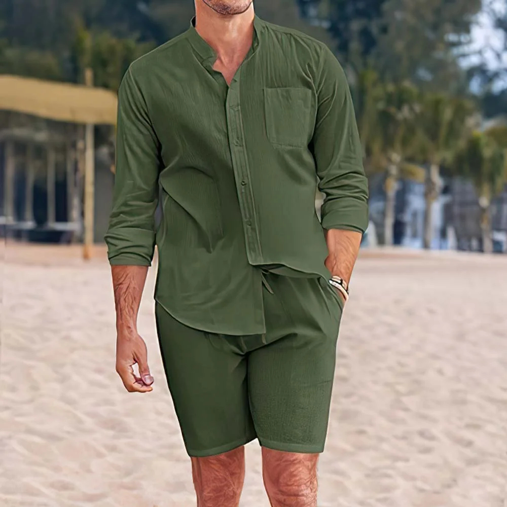 Ensemble deux pièces chemises et shorts en coton et lin pour hommes