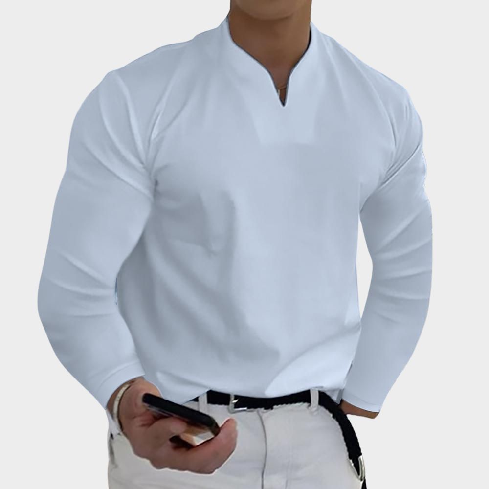 Lässiges, atmungsaktives, einfarbiges Langarm-T-Shirt mit V-Ausschnitt für Herren