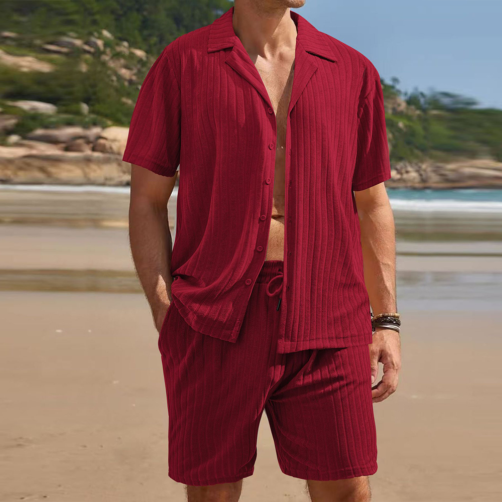 Herren-Jacquardhemd mit vertikalen Streifen und kurzen Ärmeln und Revers