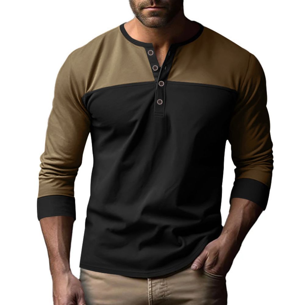 Langarm-T-Shirt mit Henley-Kragen und Farbblock für Herren