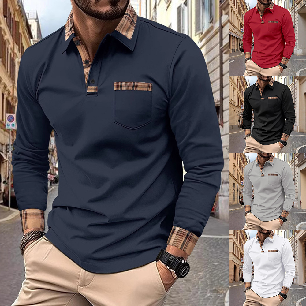 Polo décontracté à manches longues et col écossais pour hommes