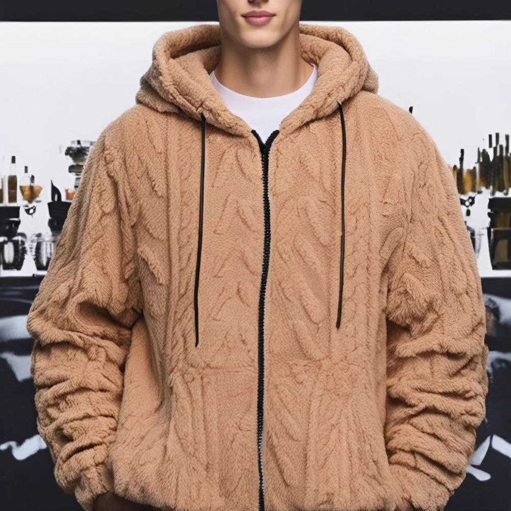 Herren-Winterjacke aus Korallensamt mit langen Ärmeln und Kapuze und Reißverschluss