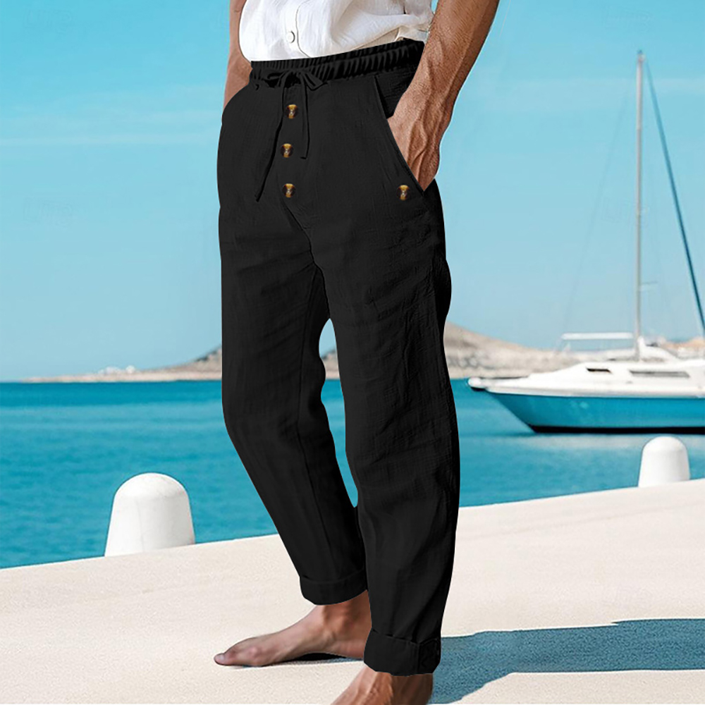 Pantalon décontracté ample à boutons en coton et lin pour homme