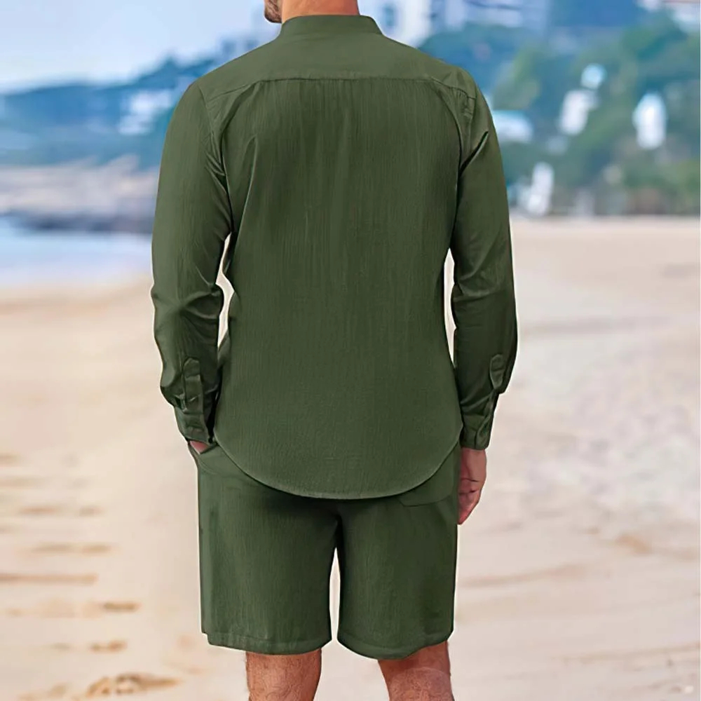 Ensemble deux pièces chemises et shorts en coton et lin pour hommes