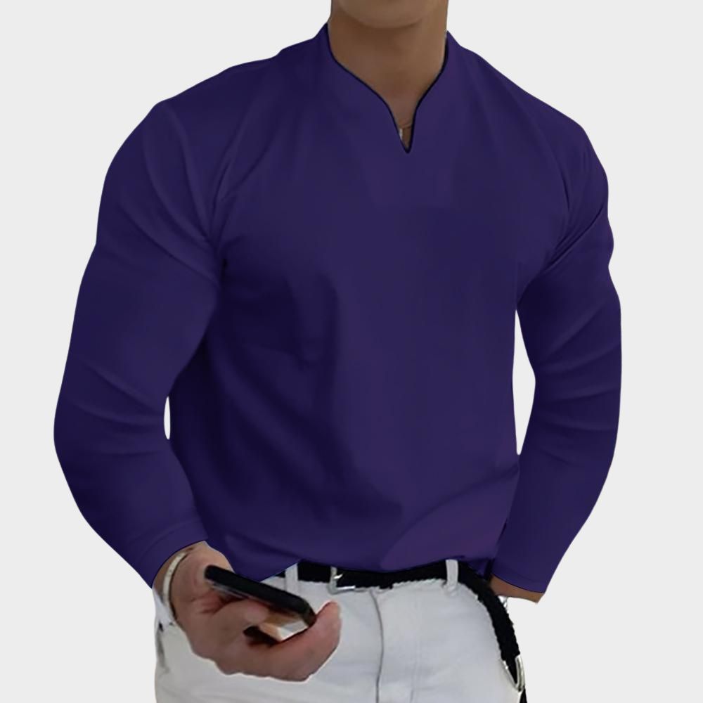 Lässiges, atmungsaktives, einfarbiges Langarm-T-Shirt mit V-Ausschnitt für Herren