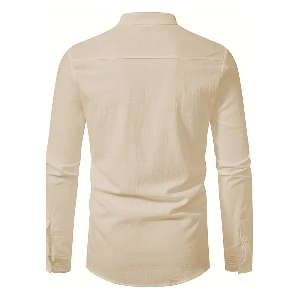 Einfarbiges Herrenhemd aus Baumwolle und Leinen mit langen Ärmeln und lockerem Stehkragen