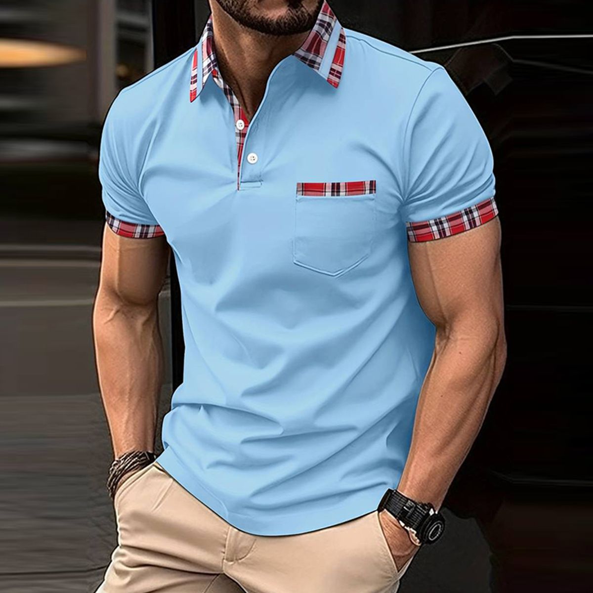 Metallwolke Kurzärmliges Poloshirt für Herren mit Karomuster und Farbblockmuster