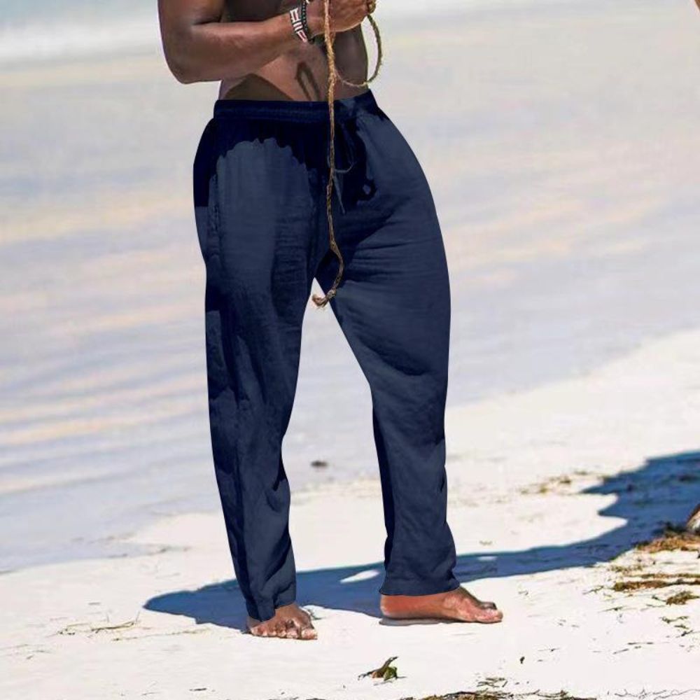 Pantalon décontracté en coton et lin de couleur unie pour homme