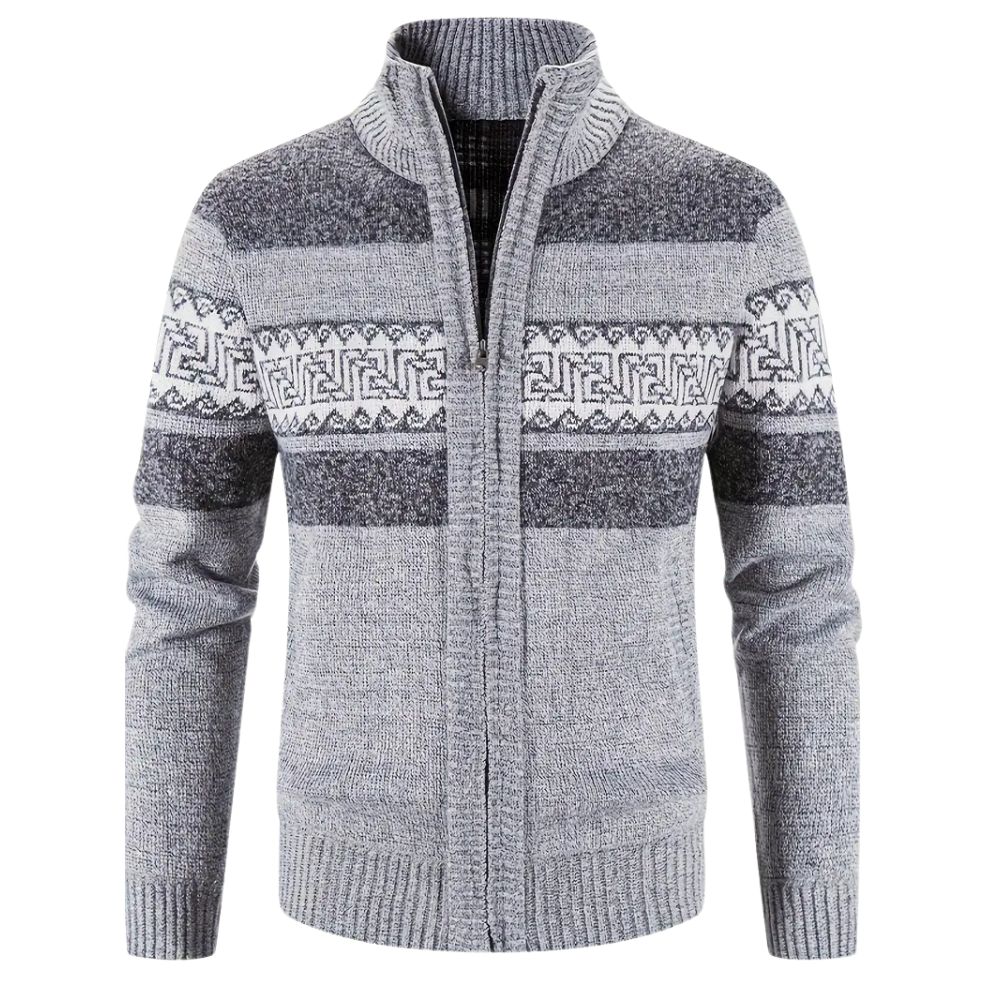 Herren-Strickjacke mit verdicktem Samt und Stehkragen und Reißverschluss