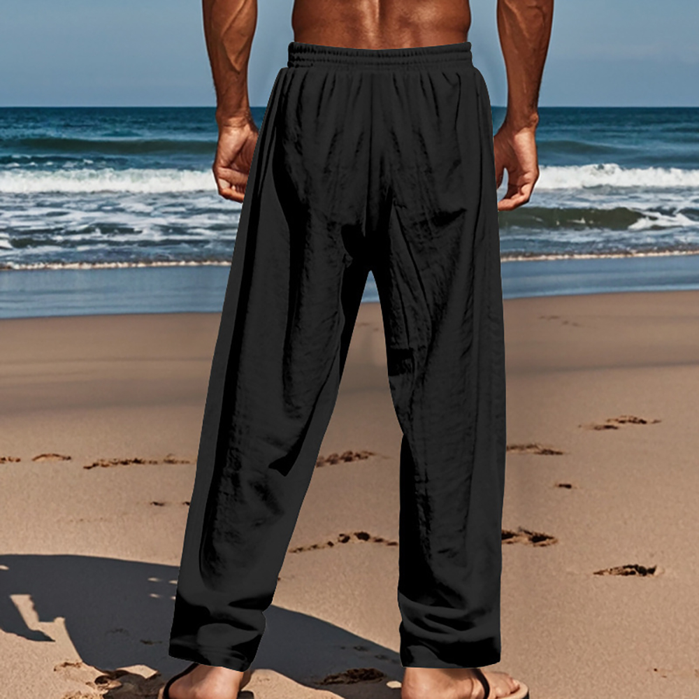 Pantalon décontracté ample à boutons en coton et lin pour homme