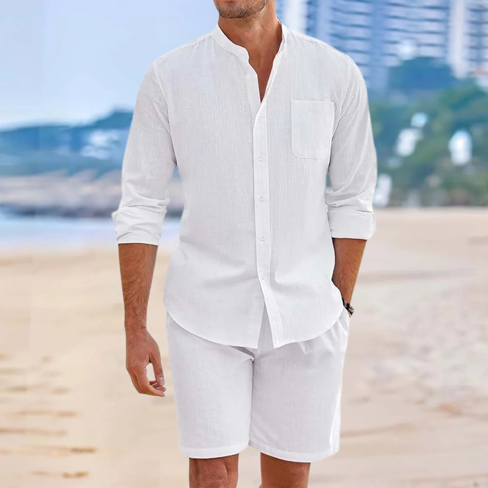 Ensemble deux pièces chemises et shorts en coton et lin pour hommes