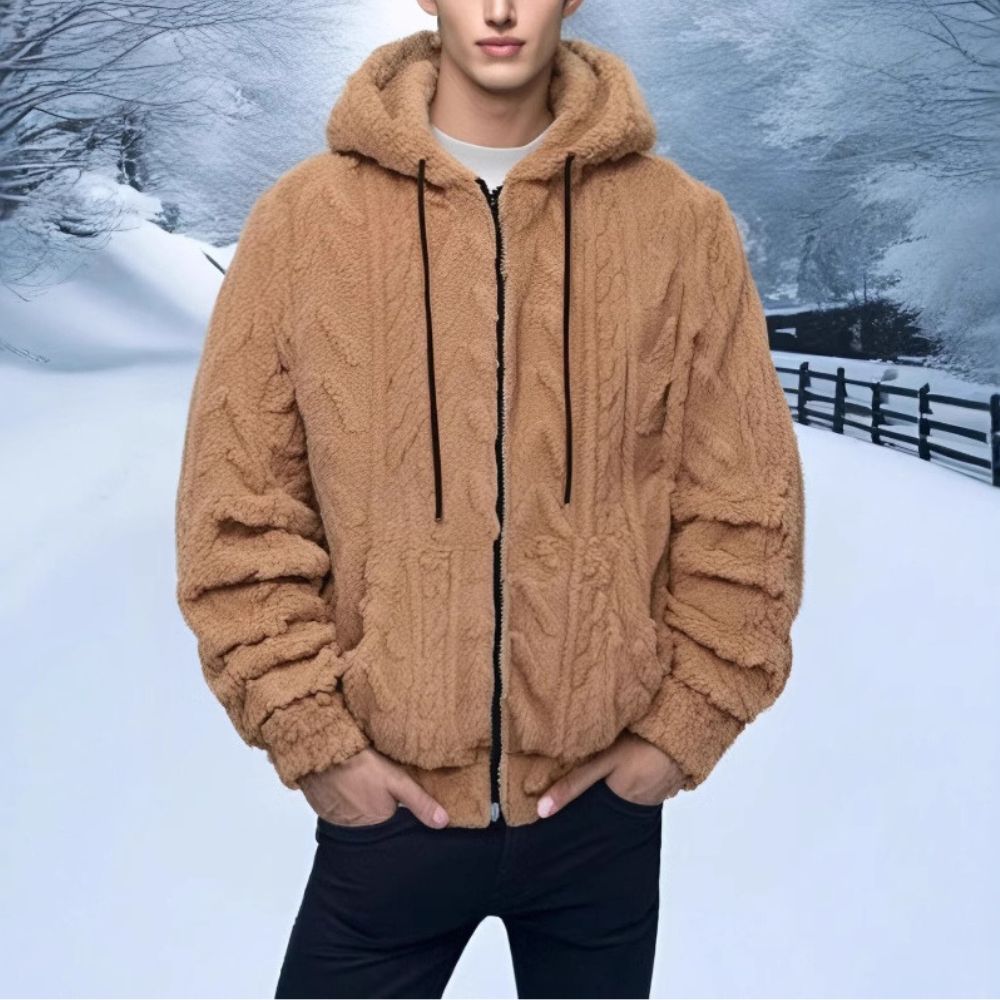 Herren-Winterjacke aus Korallensamt mit langen Ärmeln und Kapuze und Reißverschluss