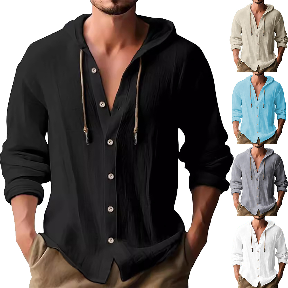 Haut décontracté à manches longues en coton et lin pour homme