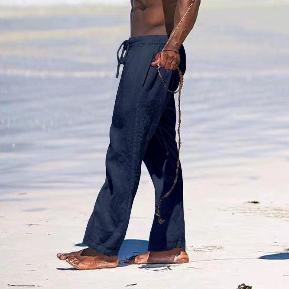 Pantalon décontracté en coton et lin de couleur unie pour homme