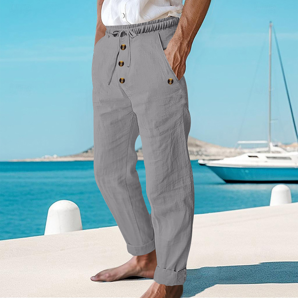 Pantalon décontracté ample à boutons en coton et lin pour homme