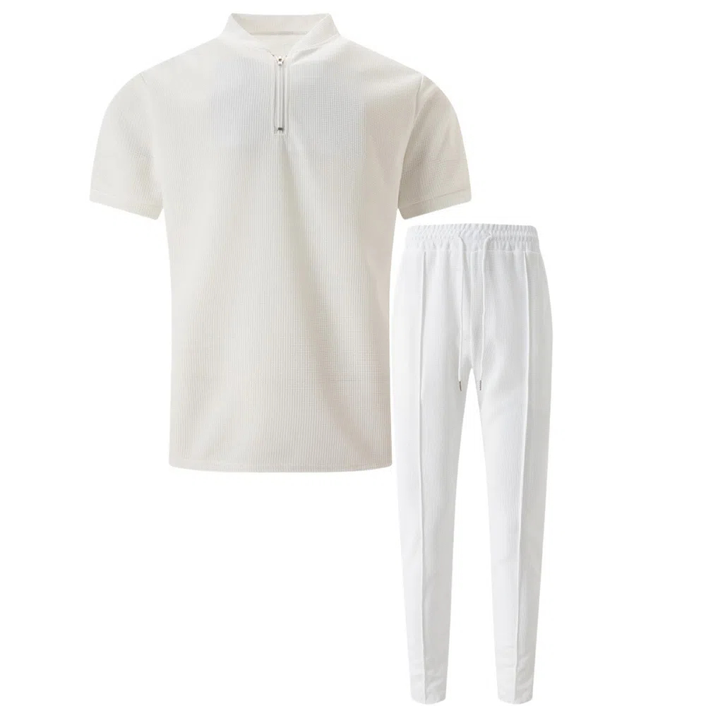 Ensemble deux pièces gaufré à manches courtes et pantalon pour homme