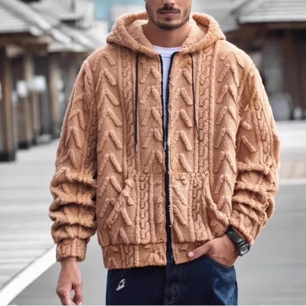 Herren-Winterjacke aus Korallensamt mit langen Ärmeln und Kapuze und Reißverschluss