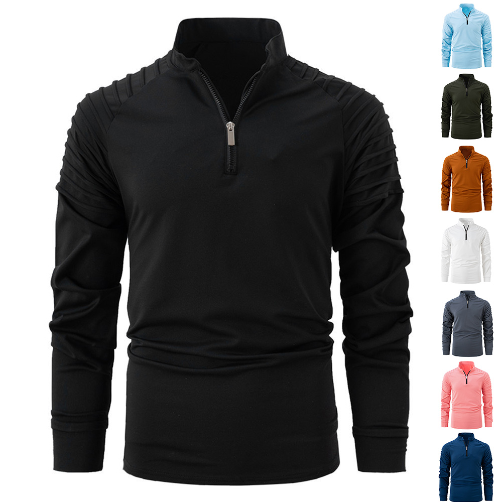 T-shirt patchwork à manches longues et col zippé pour hommes