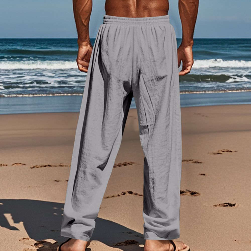 Pantalon décontracté ample à boutons en coton et lin pour homme