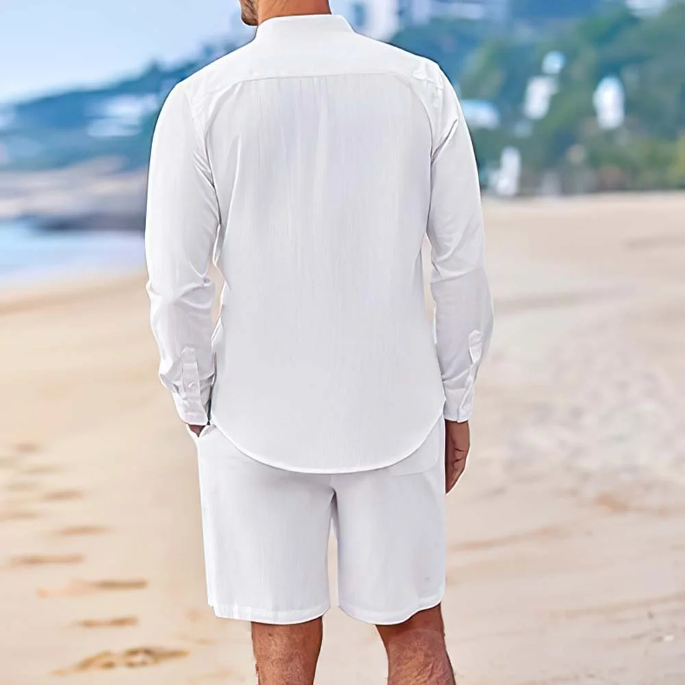 Ensemble deux pièces chemises et shorts en coton et lin pour hommes