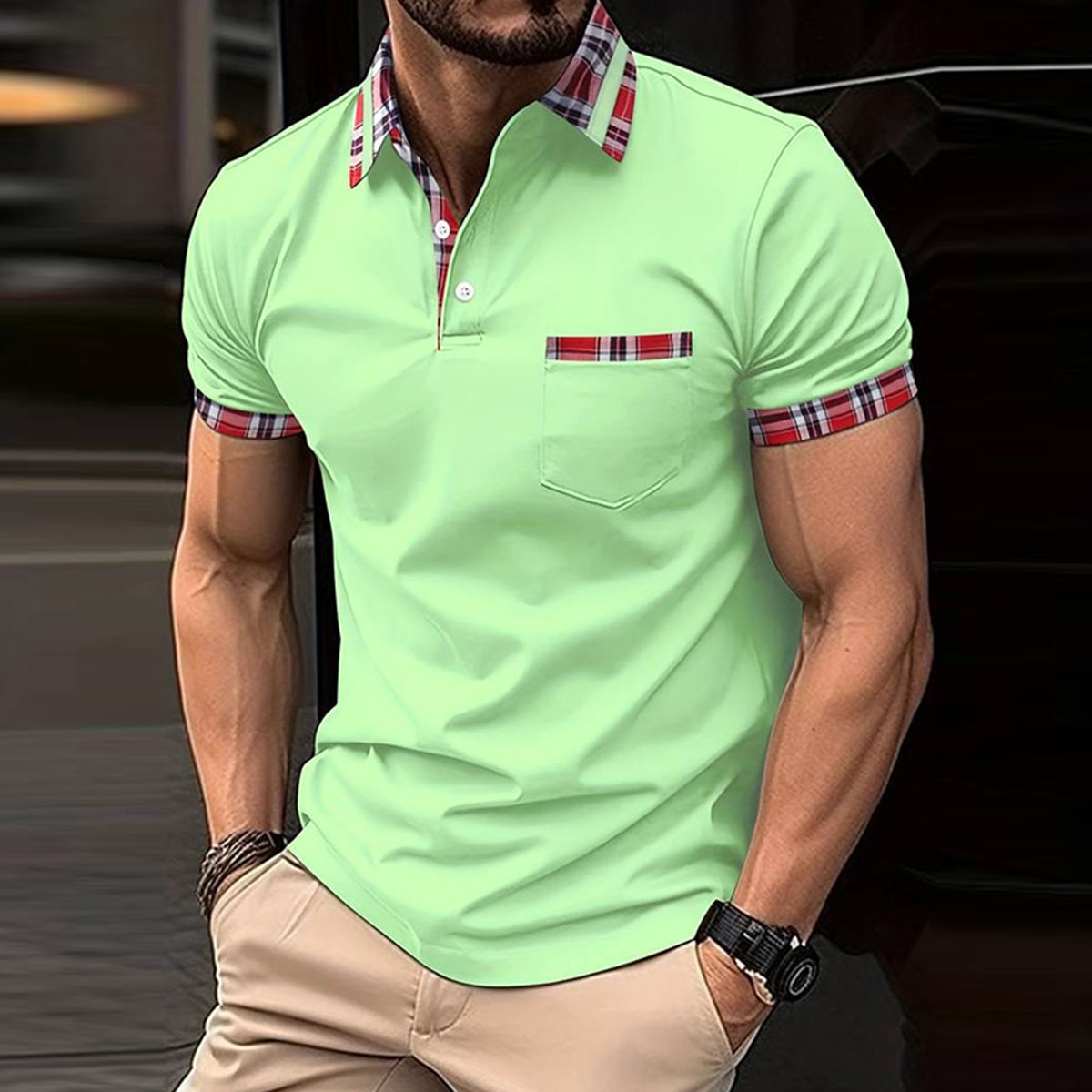 Metallwolke Kurzärmliges Poloshirt für Herren mit Karomuster und Farbblockmuster