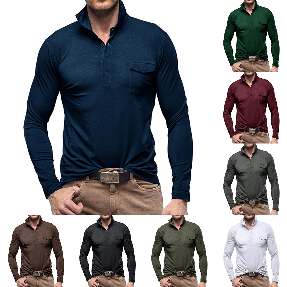 Polo à manches longues de couleur unie simple pour hommes