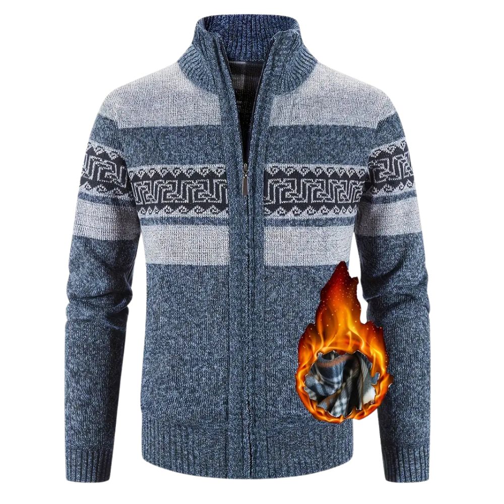 Herren-Strickjacke mit verdicktem Samt und Stehkragen und Reißverschluss