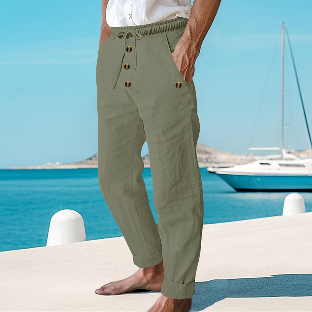 Pantalon décontracté ample à boutons en coton et lin pour homme