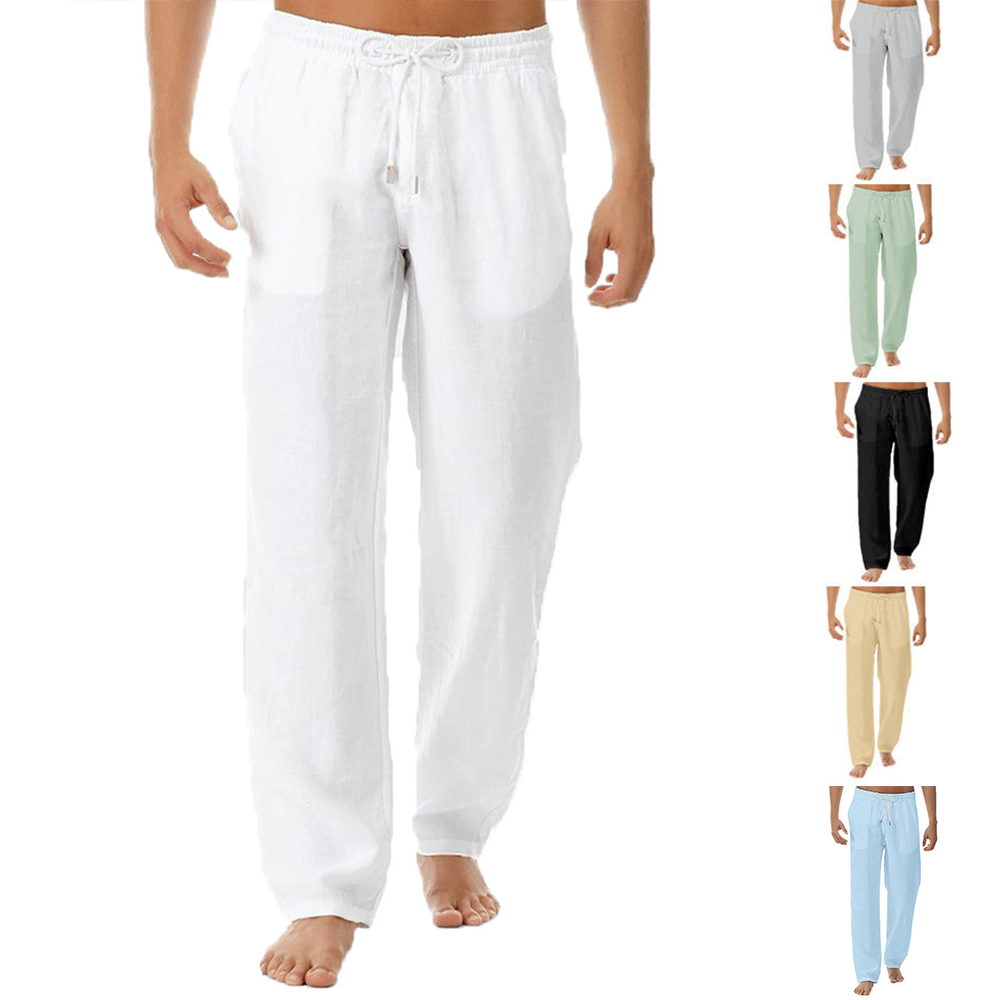Pantalon décontracté simple en coton et lin pour hommes