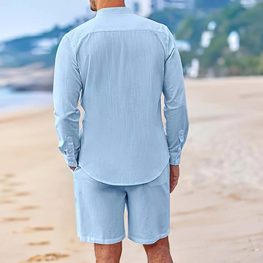 Ensemble deux pièces chemises et shorts en coton et lin pour hommes