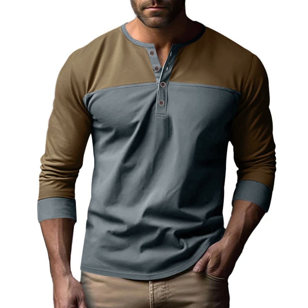 Langarm-T-Shirt mit Henley-Kragen und Farbblock für Herren