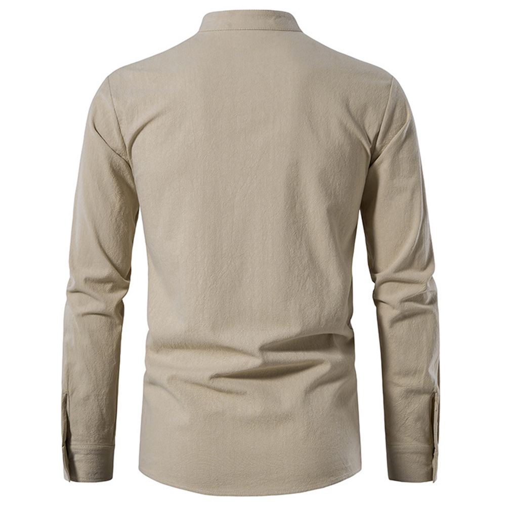 Bequemes Herrenhemd aus Baumwolle und Leinen mit V-Ausschnitt und Schnürung