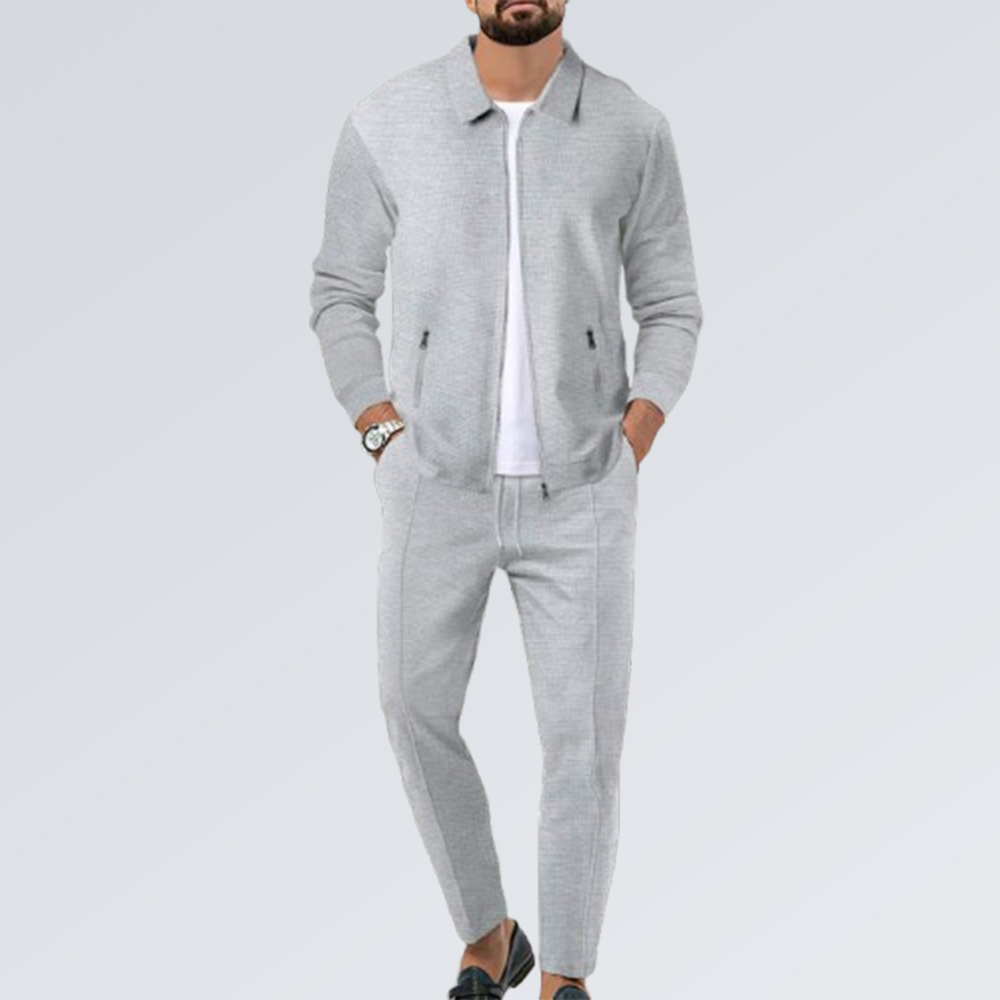 Herren-Hosenanzug mit Waffelmuster und Revers, Reißverschluss und langen Ärmeln