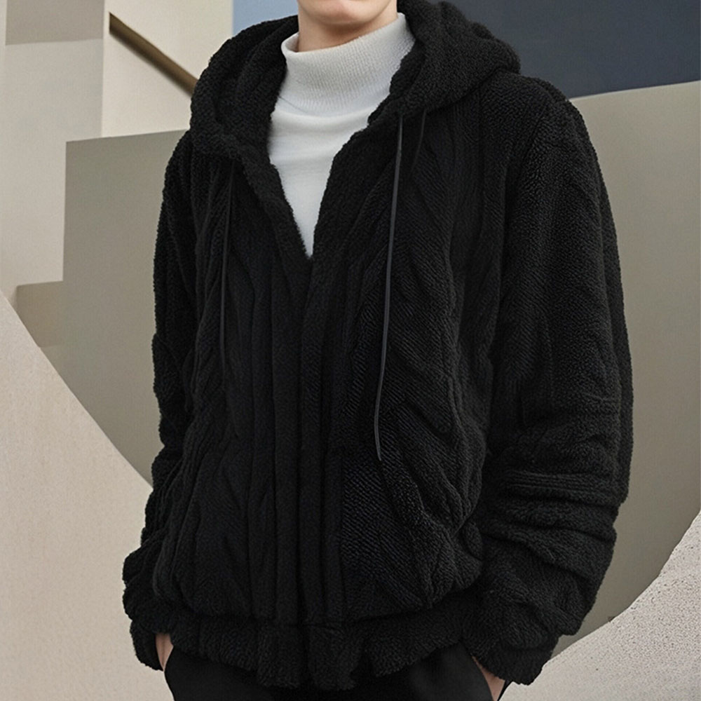 Herren-Winterjacke aus Korallensamt mit langen Ärmeln und Kapuze und Reißverschluss