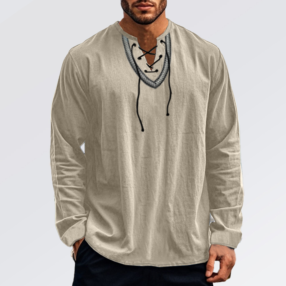 Lässiges Langarmhemd aus Baumwolle und Leinen für Herren mit überkreuzten Trägern