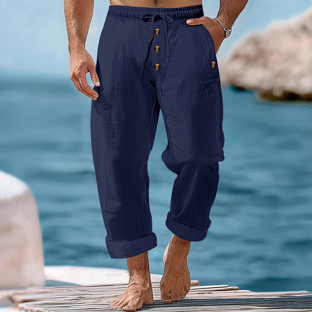 Pantalon décontracté ample à boutons en coton et lin pour homme