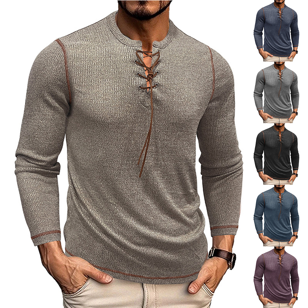 T-shirt décontracté à manches longues et lacets pour homme