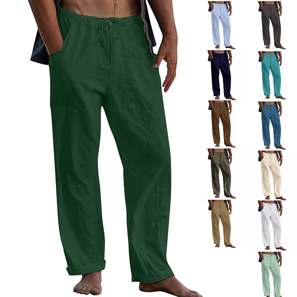 Pantalon décontracté ample en coton et lin respirant pour homme
