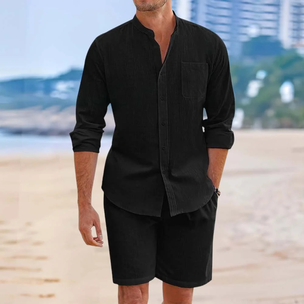 Ensemble deux pièces chemises et shorts en coton et lin pour hommes