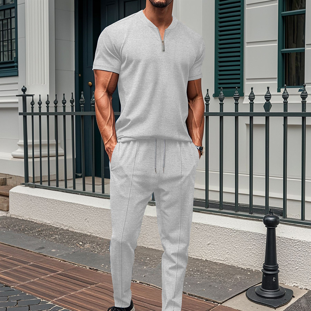 Ensemble deux pièces gaufré à manches courtes et pantalon pour homme