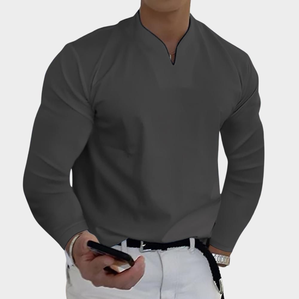 Lässiges, atmungsaktives, einfarbiges Langarm-T-Shirt mit V-Ausschnitt für Herren